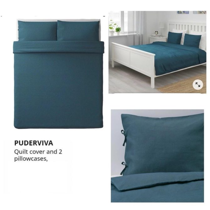 IKEA PUDERVIVA King Duvet Cover Set + Pillowcase Dark Blue 100% Linen 004.671.64